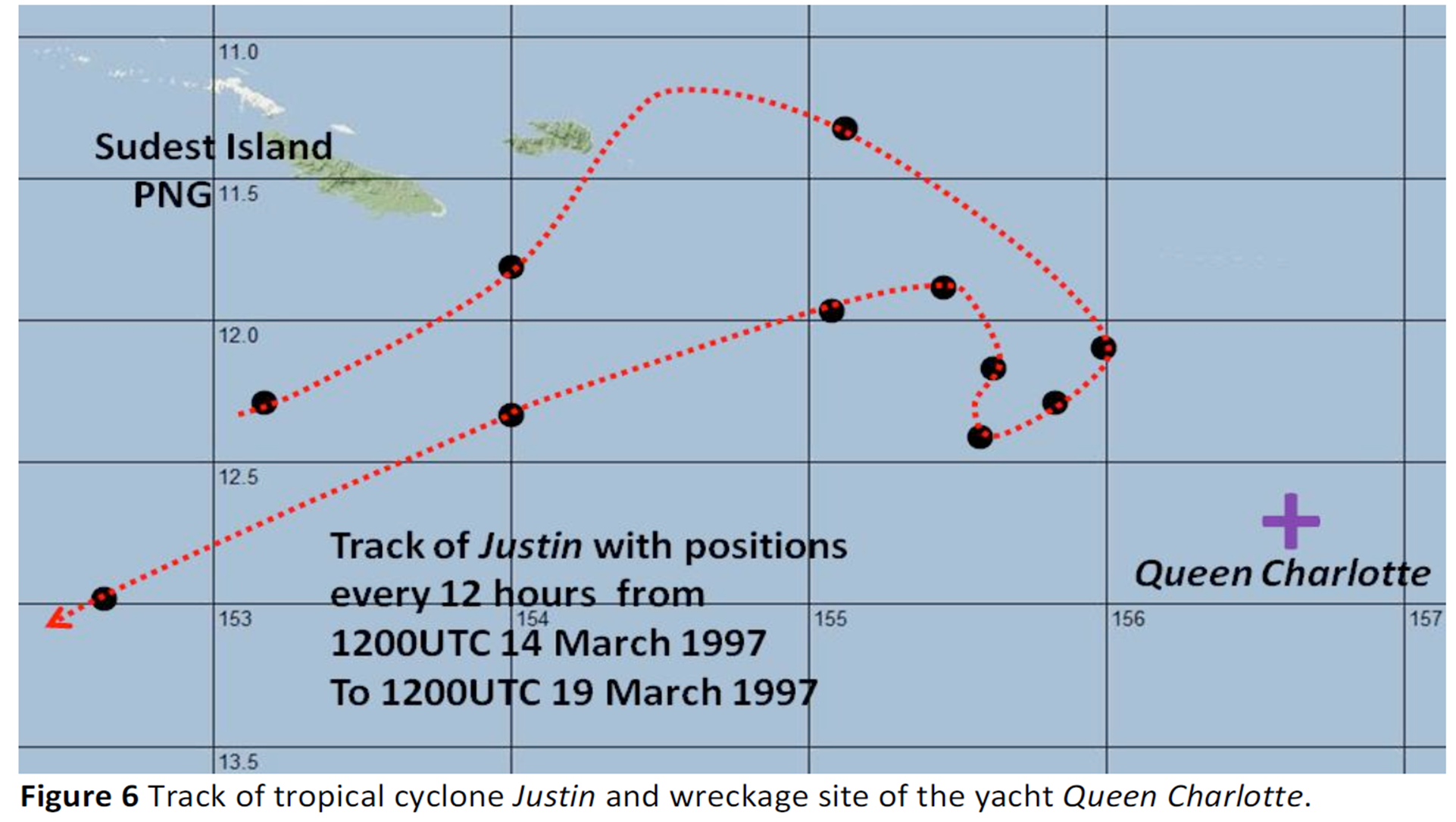Track of tropical cyclone Justin and wreckage site of the yacht Queen Charlotte.